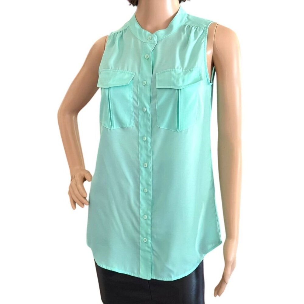 J Crew Factory Mint Green Sleeveless Shirt Blouse Size 00 Button Down Front